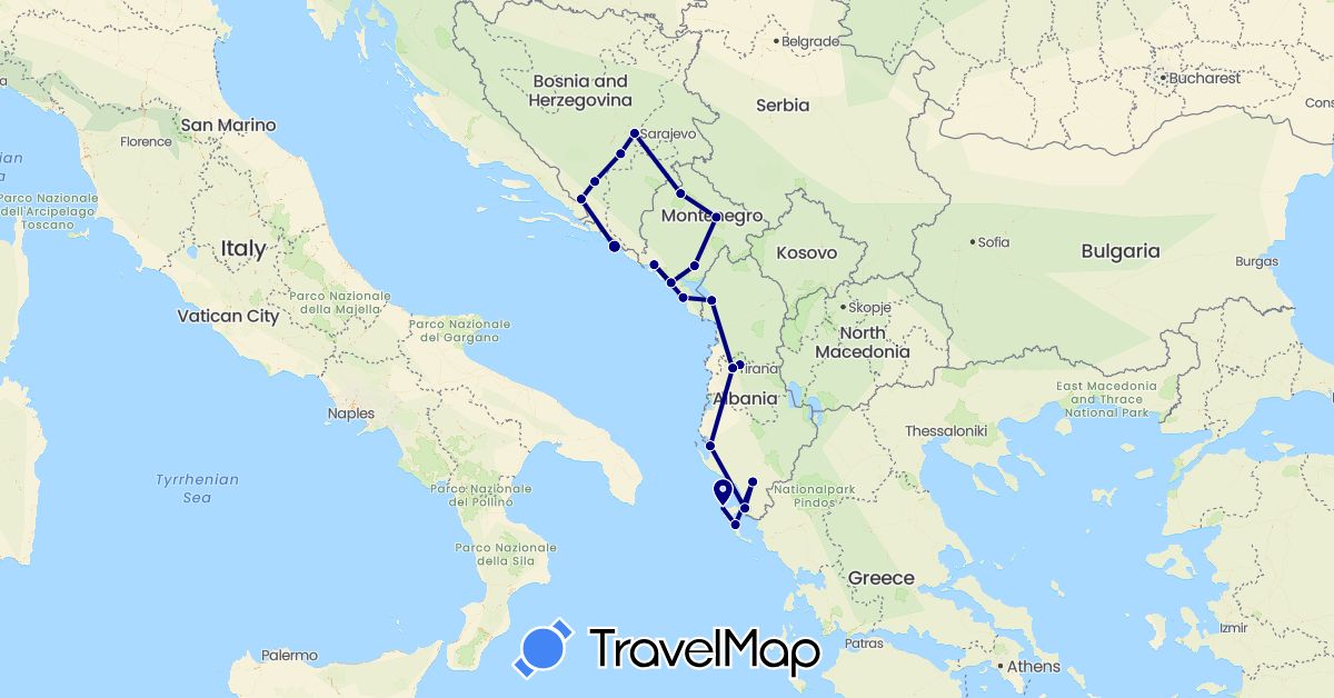 TravelMap itinerary: driving in Albania, Bosnia and Herzegovina, Greece, Croatia, Montenegro (Europe)